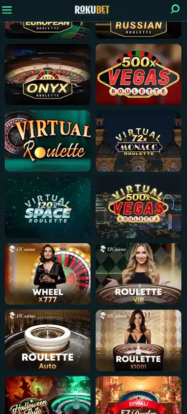 Rokubet Casino mobile roulette games collection screenshot displaying roulette tables, betting interface and touch controls - tested