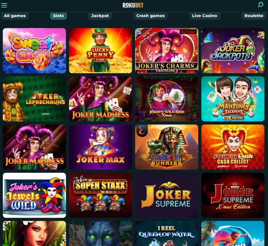Rokubet Casino desktop slots variety screenshot displaying featured slots, game categories and filtering options - tested
