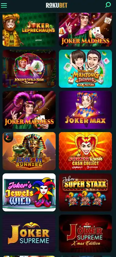 Rokubet Casino mobile slots variety screenshot displaying featured slots, categories and touch-optimized navigation - tested