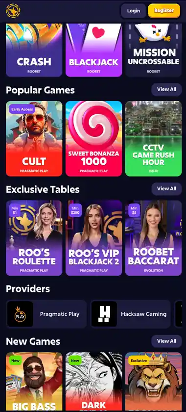 Roobet Casino mobile lobby screenshot displaying main navigation, featured games and quick-access sections - tested Roobet Casino mobile lobby screenshot displaying main navigation, featured games and quick-access sections - tested