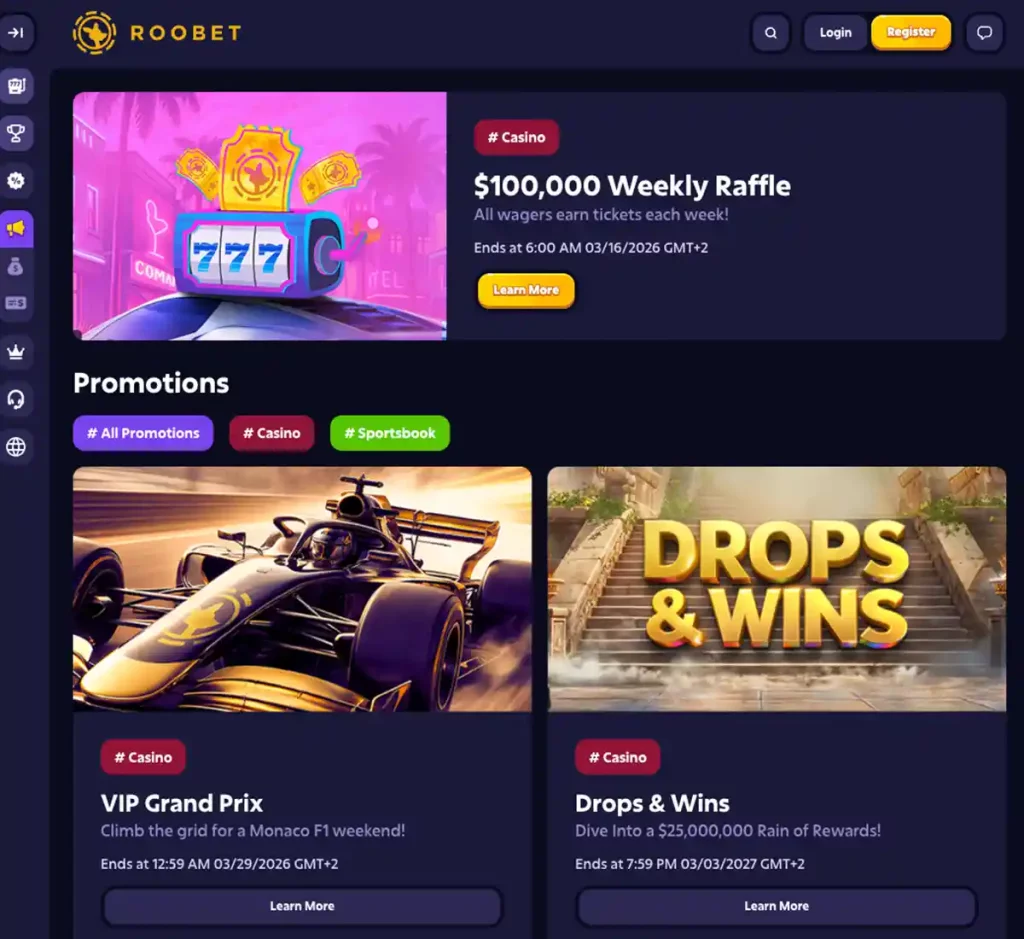Roobet Casino desktop promotions page screenshot displaying bonus offers, promotional banners and terms - tested Roobet Casino desktop promotions page screenshot displaying bonus offers, promotional banners and terms - tested