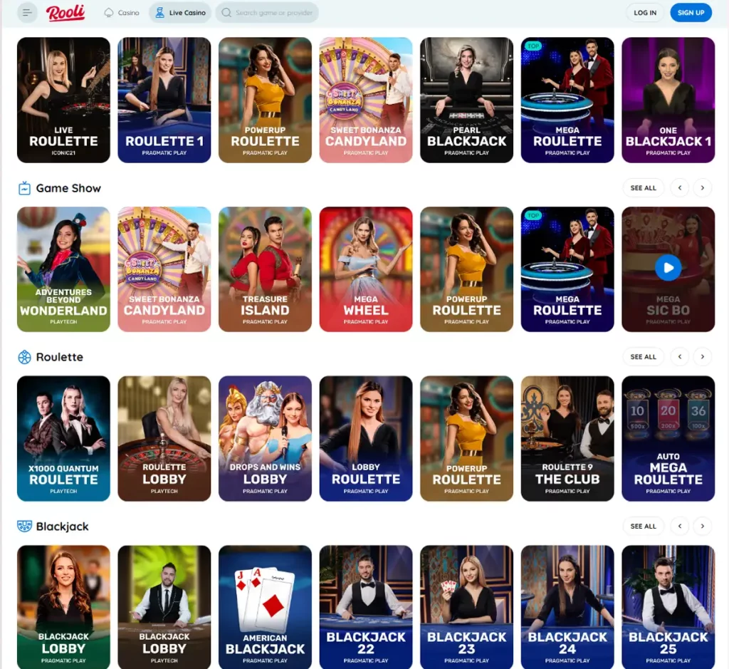 Rooli Casino desktop live dealer games collection screenshot showing roulette, blackjack and baccarat tables in lobby view - tested