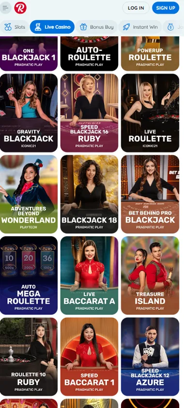 Rooli Casino mobile live dealer games collection screenshot displaying available live tables and categories - tested