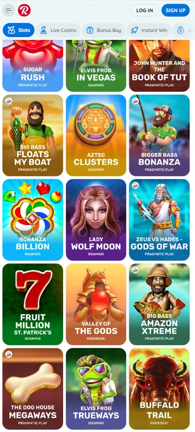 Rooli Casino mobile slots variety screenshot displaying featured slots, categories and touch-optimized navigation - tested