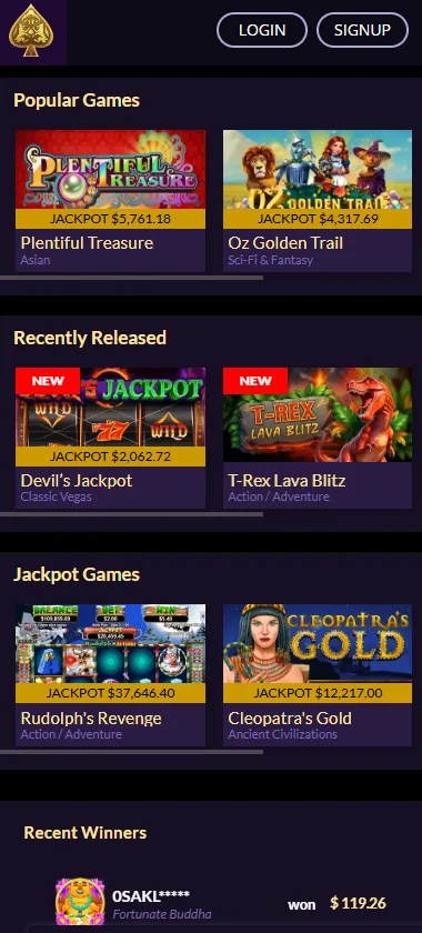 Royal Ace Casino mobile lobby screenshot displaying main navigation, featured games and mobile-friendly interface - tested