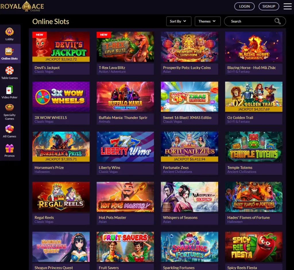 Royal Ace Casino desktop slots variety screenshot showing multiple slot categories, featured games and provider filters - tested