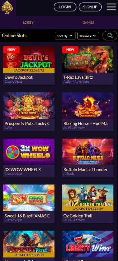 Royal Ace Casino mobile slots variety screenshot displaying featured slots, categories and touch-optimized navigation - tested