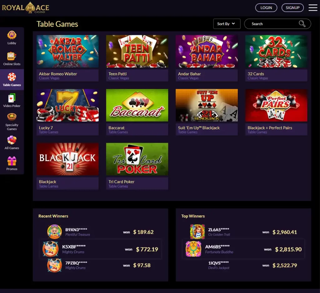 Royal Ace Casino desktop table games collection screenshot showing various table games, categories and filtering options - tested