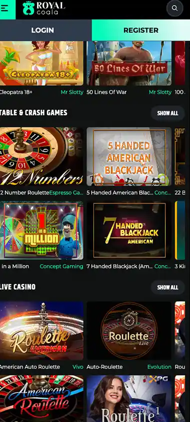 Royal Coala Casino mobile homepage screenshot displaying main navigation, featured games and promotional banners - tested