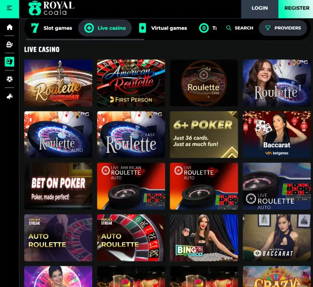 Royal Coala Casino desktop live casino games collection screenshot displaying available live tables, dealers and categories - tested