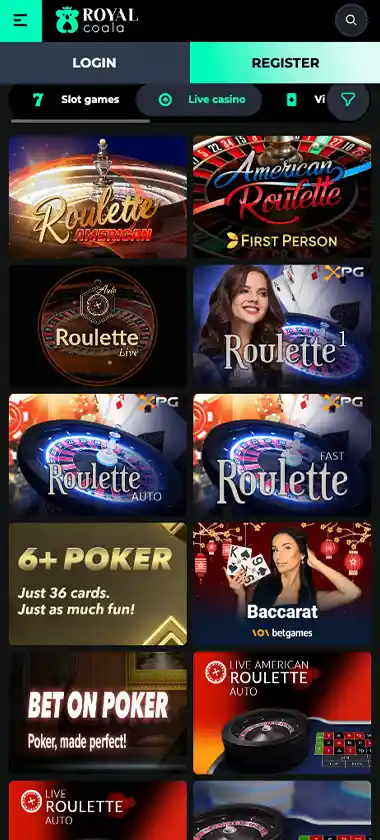 Royal Coala Casino mobile live casino games collection screenshot displaying available live tables, dealers and categories - tested