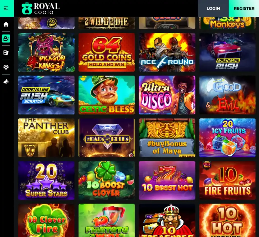 Royal Coala Casino desktop slots variety screenshot displaying featured slots, game categories and filtering options - tested