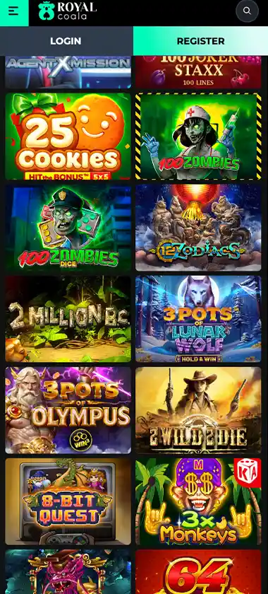 Royal Coala Casino mobile slots variety screenshot displaying featured slots, categories and touch-optimized navigation - tested