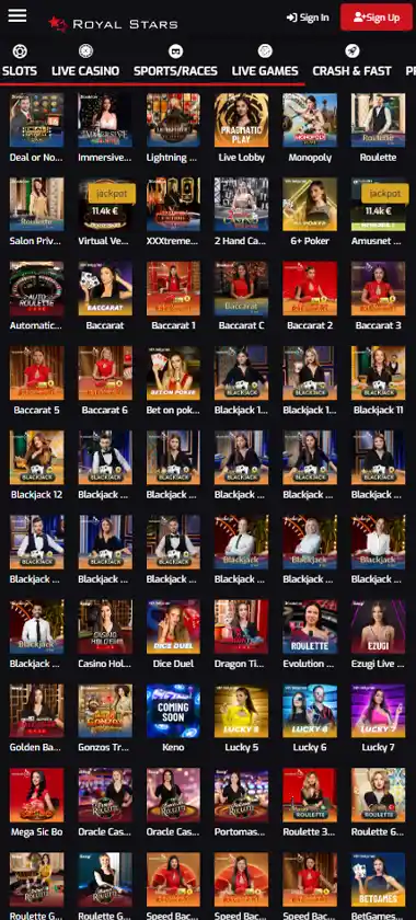 Royal Stars Casino mobile live dealer games collection screenshot displaying available live tables and categories with mobile-friendly interface/navigation - tested