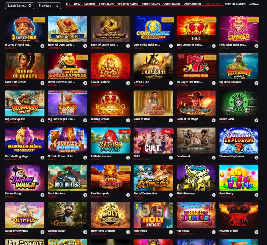 Royal Stars Casino desktop slot screenshot showing multiple slot categories, featured games and provider filters - tested