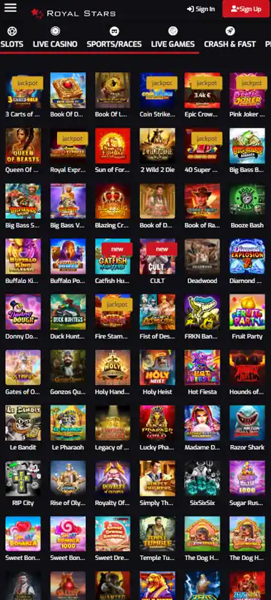 Royal Stars Casino mobile slot screenshot displaying featured slots, categories and touch-optimized navigation - tested