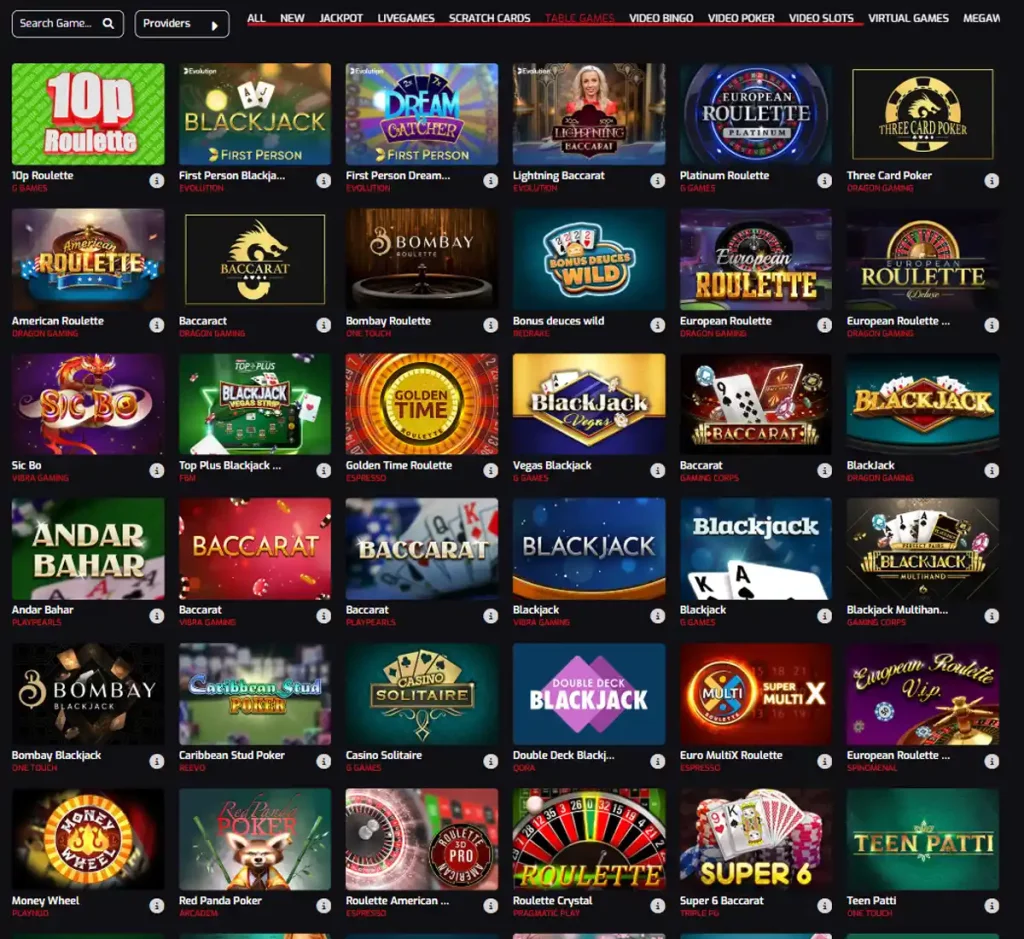 Royal Stars Casino desktop table games collection screenshot showing various table games, categories and provider filters - tested