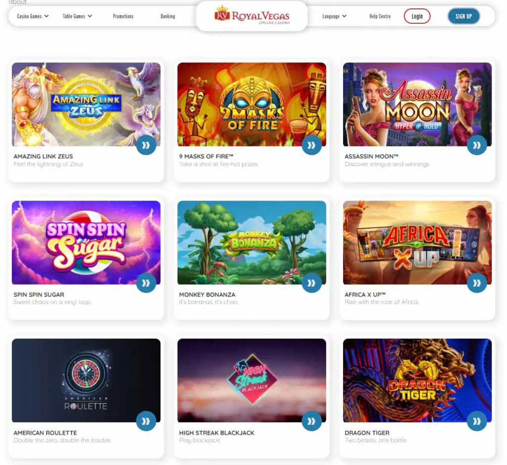 Royal Vegas Casino desktop home page screenshot showing main navigation, featured games and promotional banners - tested