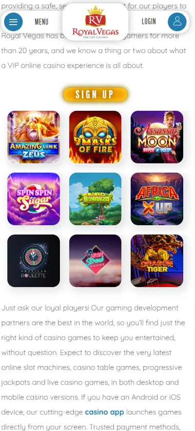 Royal Vegas Casino mobile home page screenshot displaying main navigation, featured games and mobile-friendly interface - tested