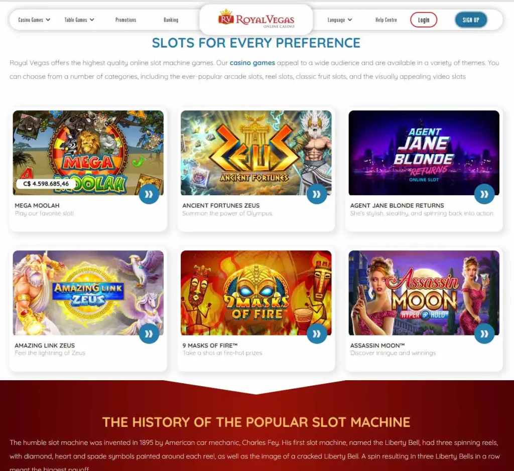 Royal Vegas Casino desktop slots variety screenshot showing multiple slot categories, featured games and provider filters - tested