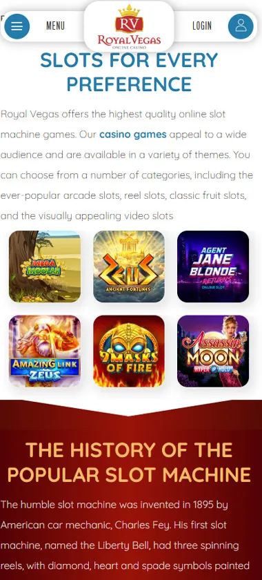 Royal Vegas Casino mobile slots variety screenshot displaying featured slots, categories and touch-optimized navigation - tested