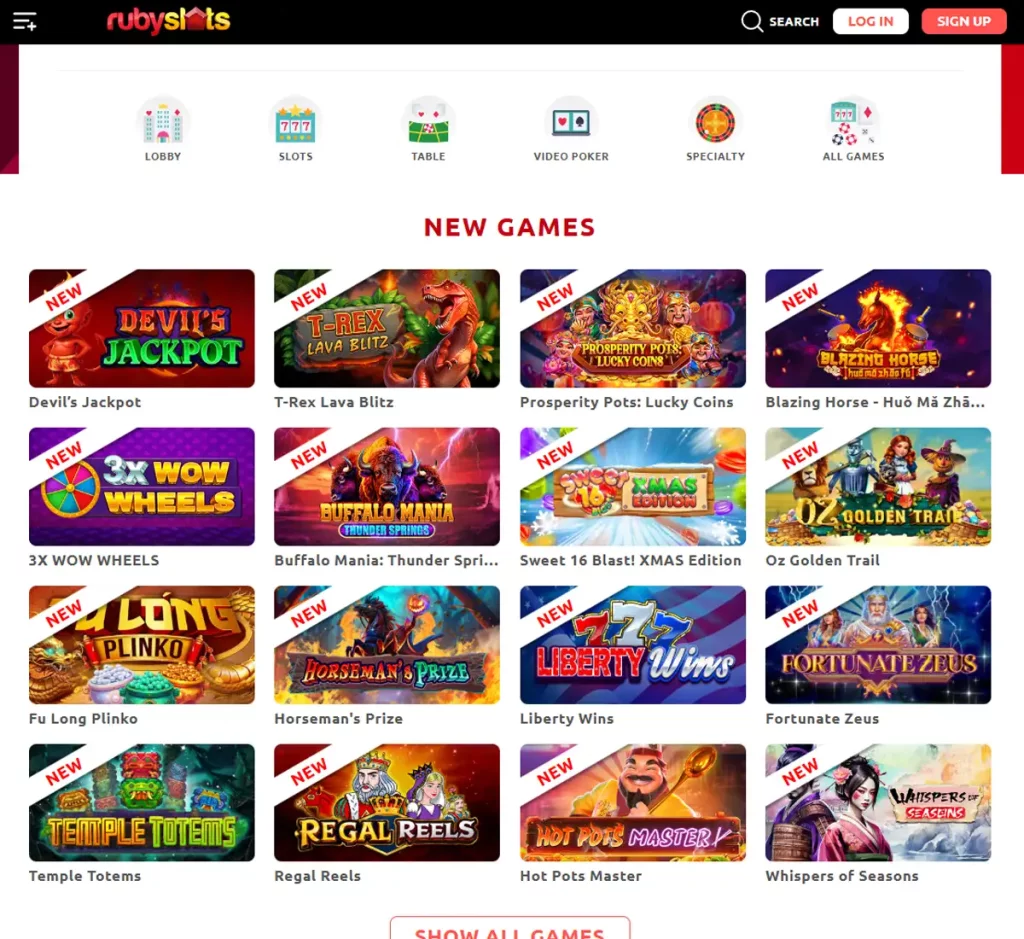 Ruby Slots Casino desktop home page screenshot showing main navigation, featured games and promotional banners - tested