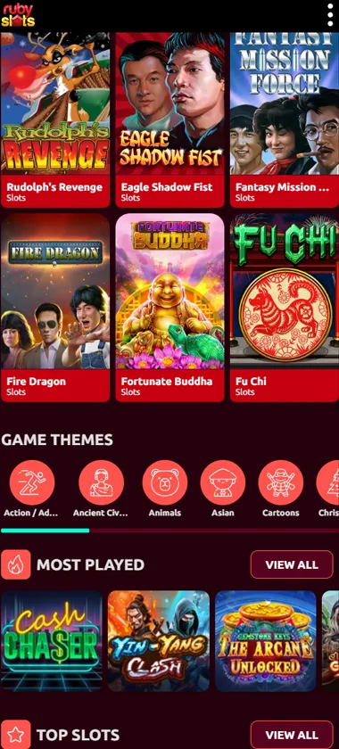 Ruby Slots Casino mobile lobby screenshot displaying main navigation, featured games and mobile-friendly interface - tested