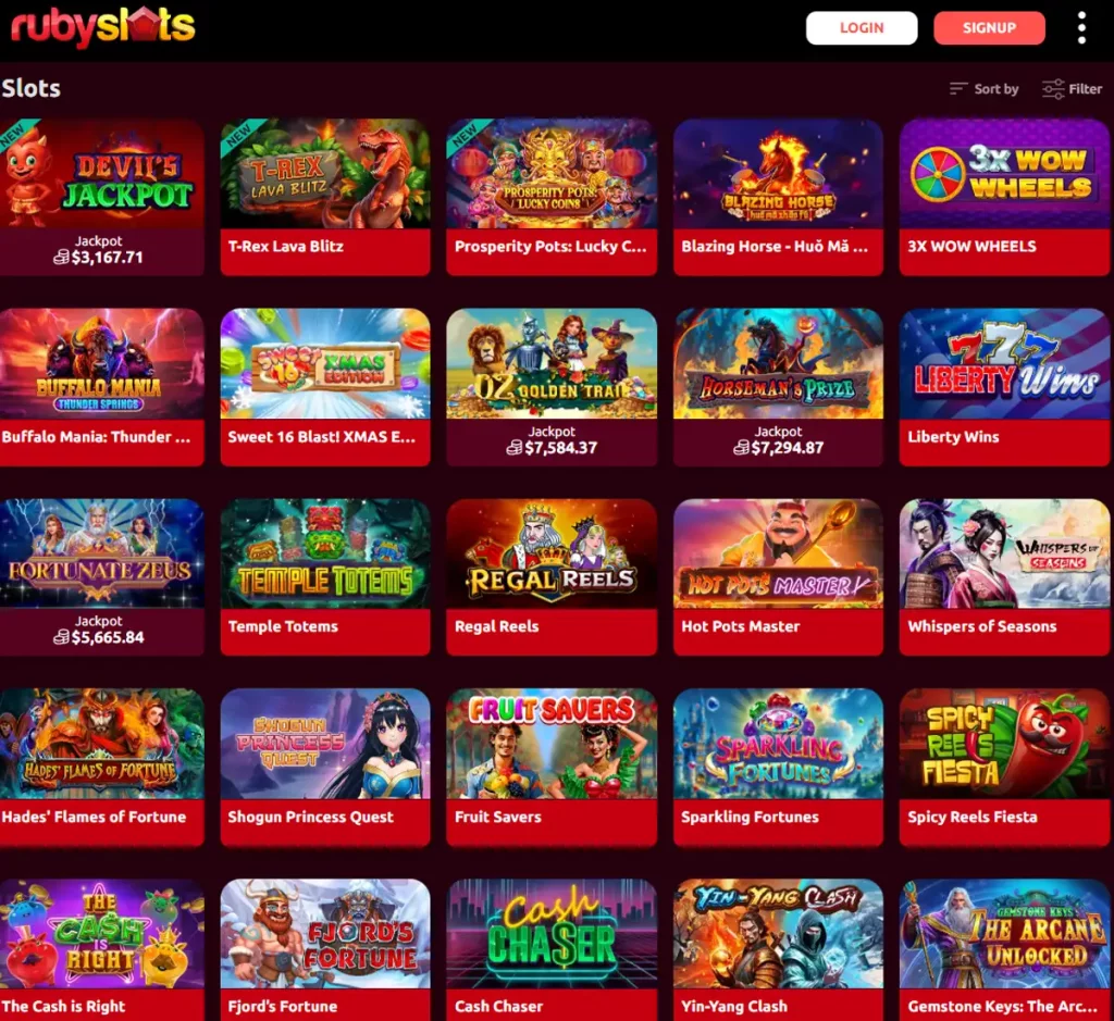 Ruby Slots Casino desktop slots variety screenshot showing multiple slot categories, featured games and provider filters - tested