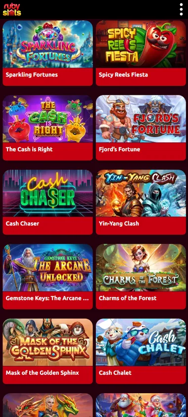 Ruby Slots Casino mobile slots variety screenshot displaying featured slots, categories and touch-optimized navigation - tested