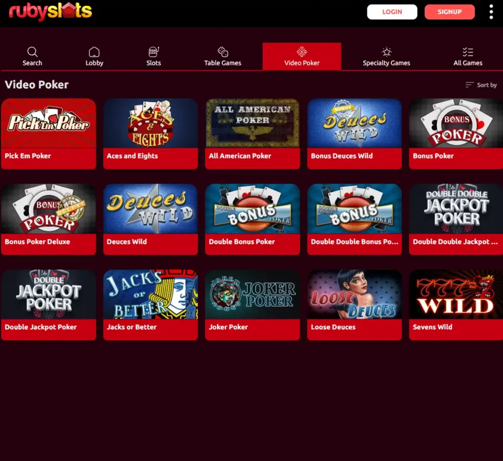 Ruby Slots Casino desktop video poker collection screenshot showing various video poker games, categories and filtering options - tested