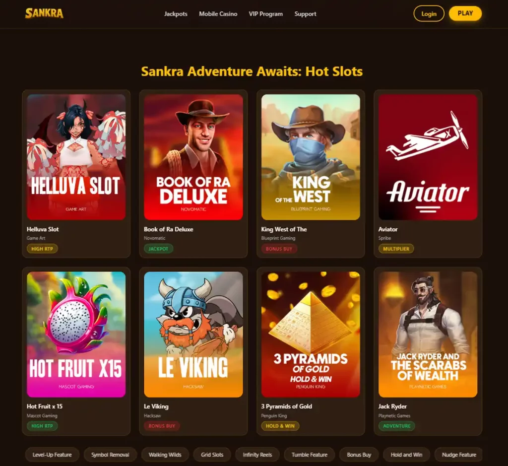 Sankra Casino desktop Homepage screenshot showing main navigation, featured games and promotional banners - tested