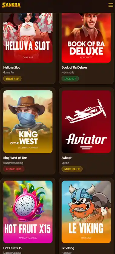 Sankra Casino mobile Homepage screenshot displaying main navigation, featured games and mobile-friendly interface - tested