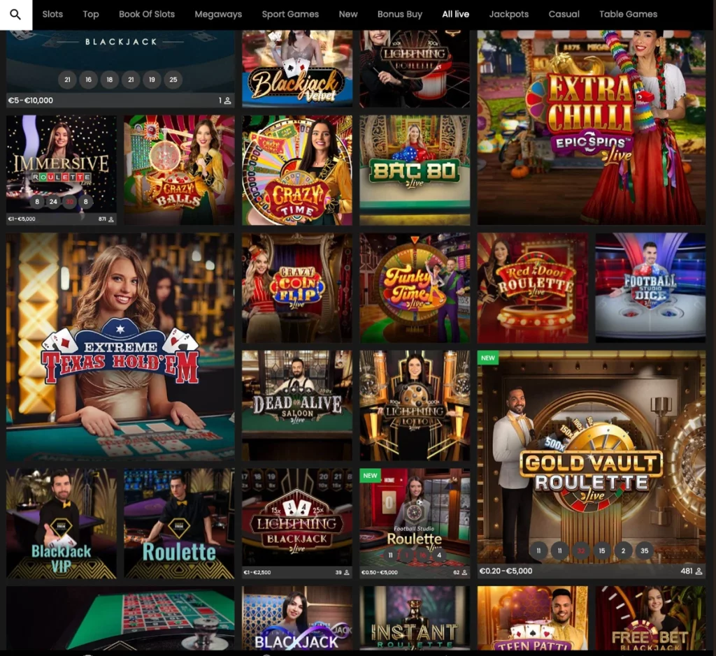 Select Bet Casino desktop live dealer games collection screenshot showing roulette, blackjack and baccarat tables in lobby view - tested