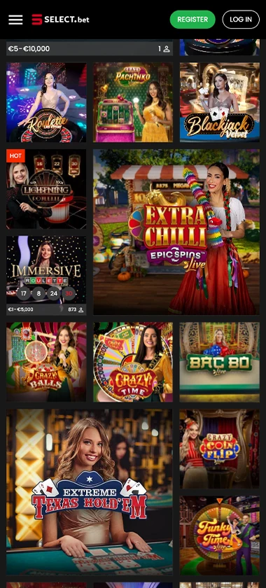 Select Bet Casino mobile live dealer games collection screenshot displaying available live tables and categories - tested