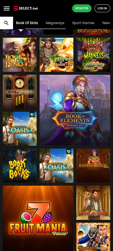 Select Bet Casino mobile slots variety screenshot displaying featured slots, categories and touch-optimized navigation - tested