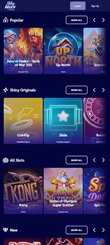 ShinyWilds Casino mobile Homepage screenshot displaying main navigation, featured games and mobile-friendly interface - tested