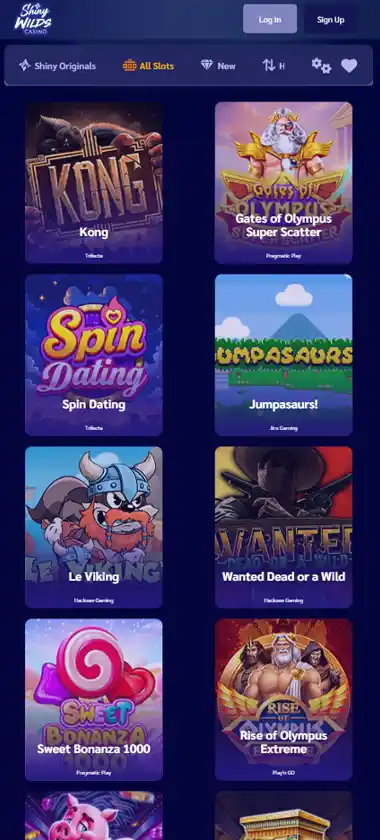 ShinyWilds Casino mobile Slots screenshot displaying featured slots, categories and touch-optimized navigation - tested