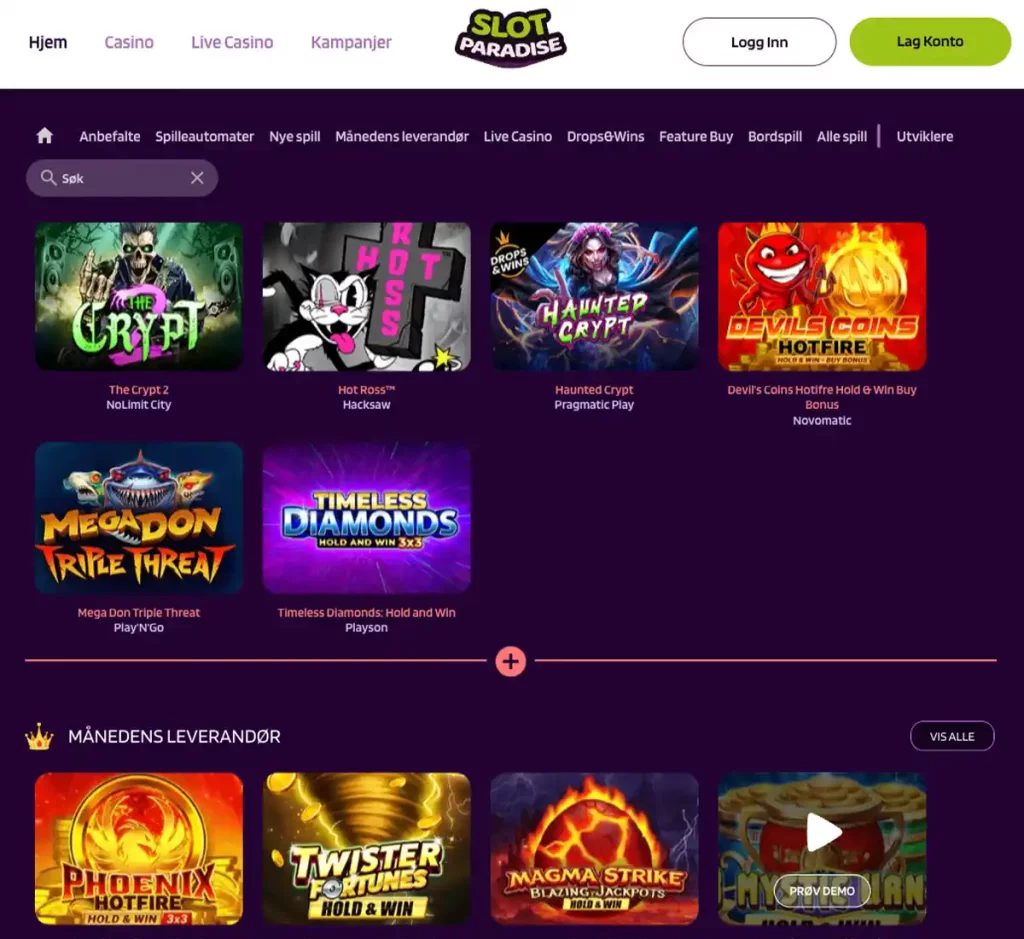 Slot Paradise Casino desktop home page screenshot showing main navigation, featured games and promotional banners - tested