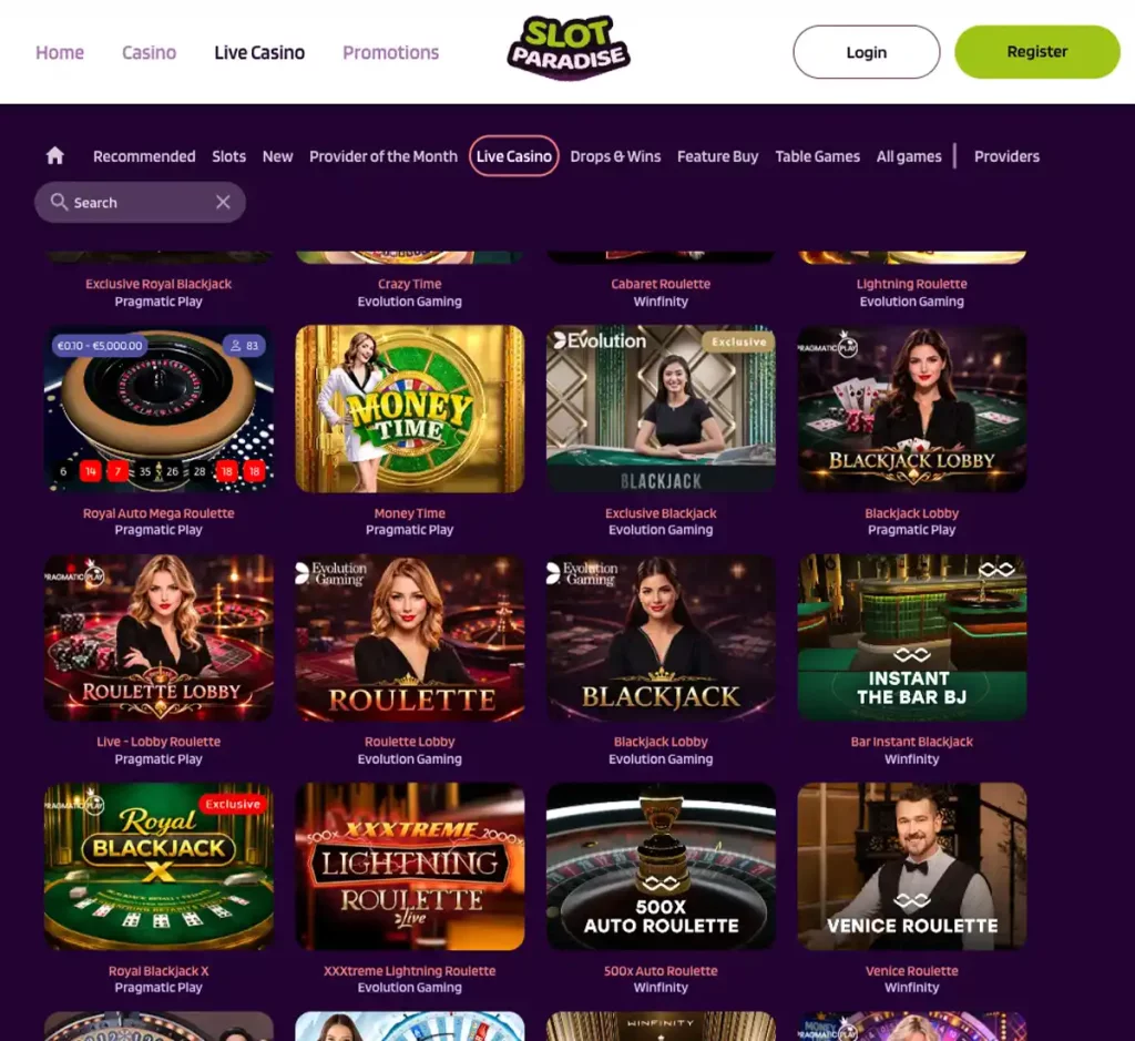 Slot Paradise Casino desktop live casino games collection screenshot displaying available live tables and categories - tested