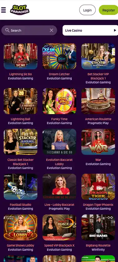 Slot Paradise Casino mobile live casino games collection screenshot displaying available live tables and categories - tested