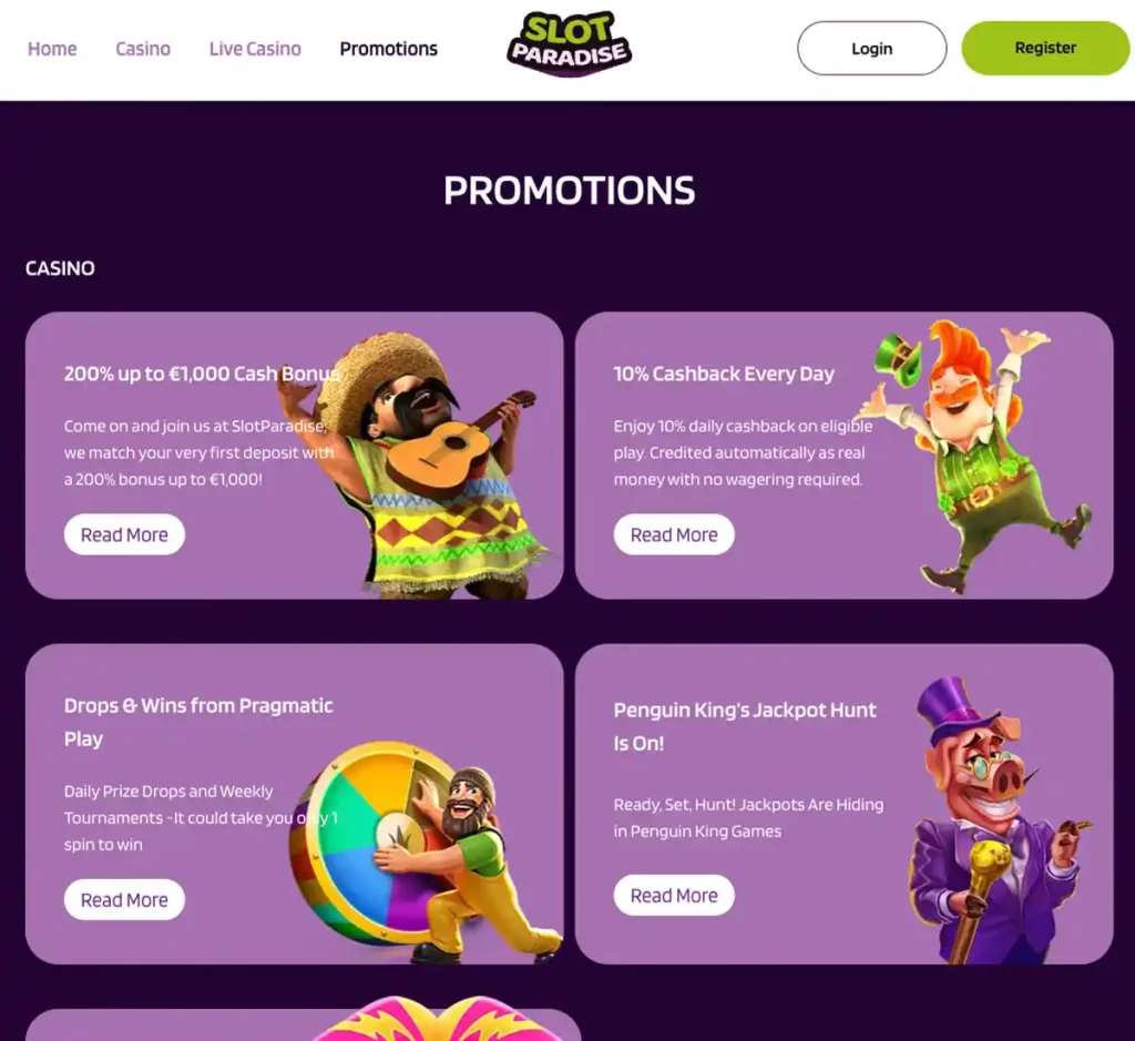 Slot Paradise Casino desktop promotions screenshot showing available bonuses, offers and promotional details - tested