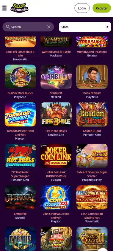 Slot Paradise Casino mobile slots variety screenshot displaying featured slots, categories and touch-optimized navigation - tested