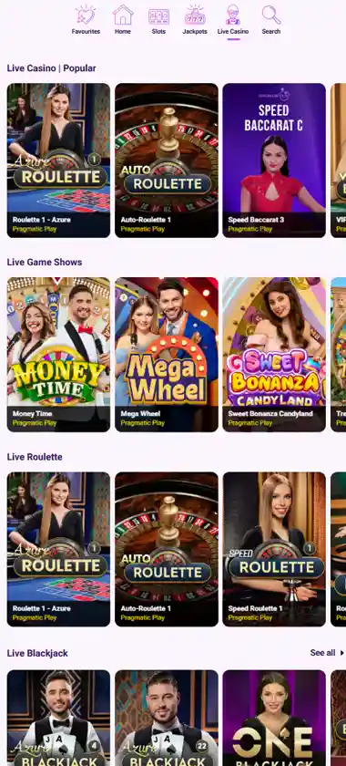 SlotBox Casino mobile live dealer games collection screenshot displaying available live tables and categories with mobile-friendly interface/navigation - tested