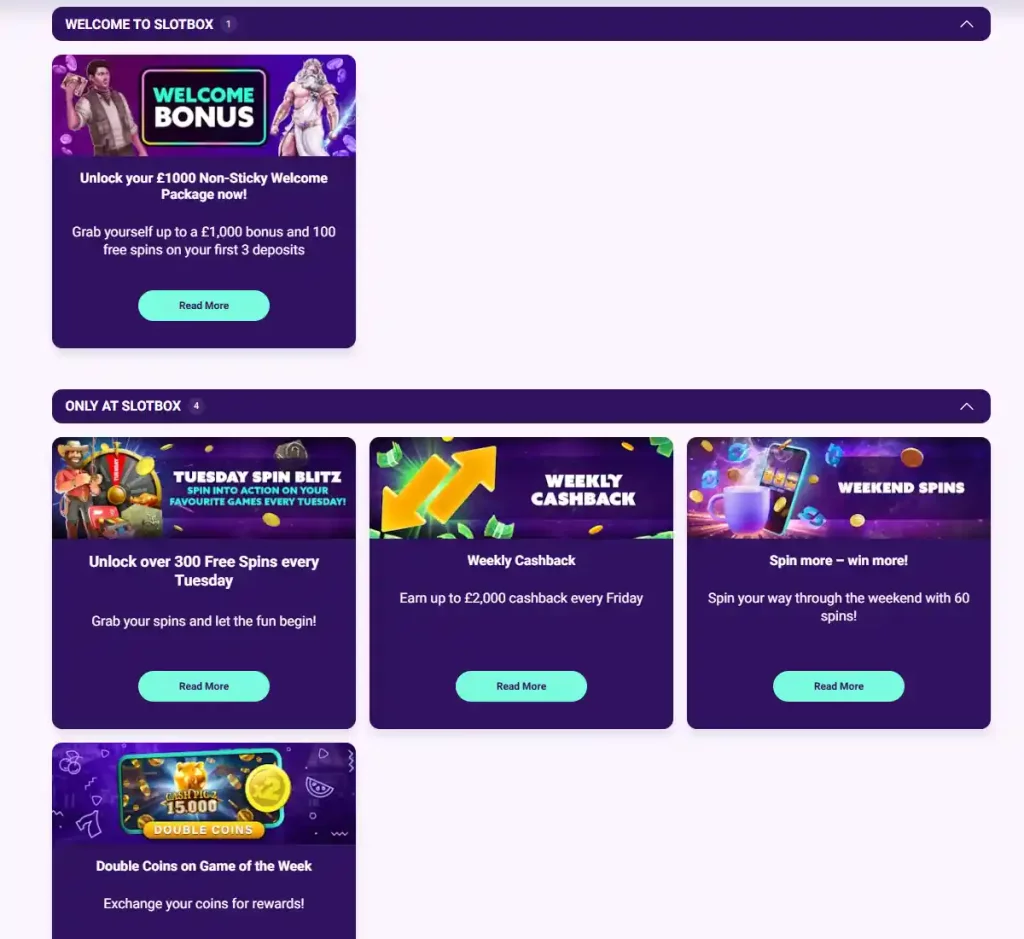SlotBox Casino desktop promotions screenshot showing promotional banners, bonus offers and claim instructions with categories and filter options - tested