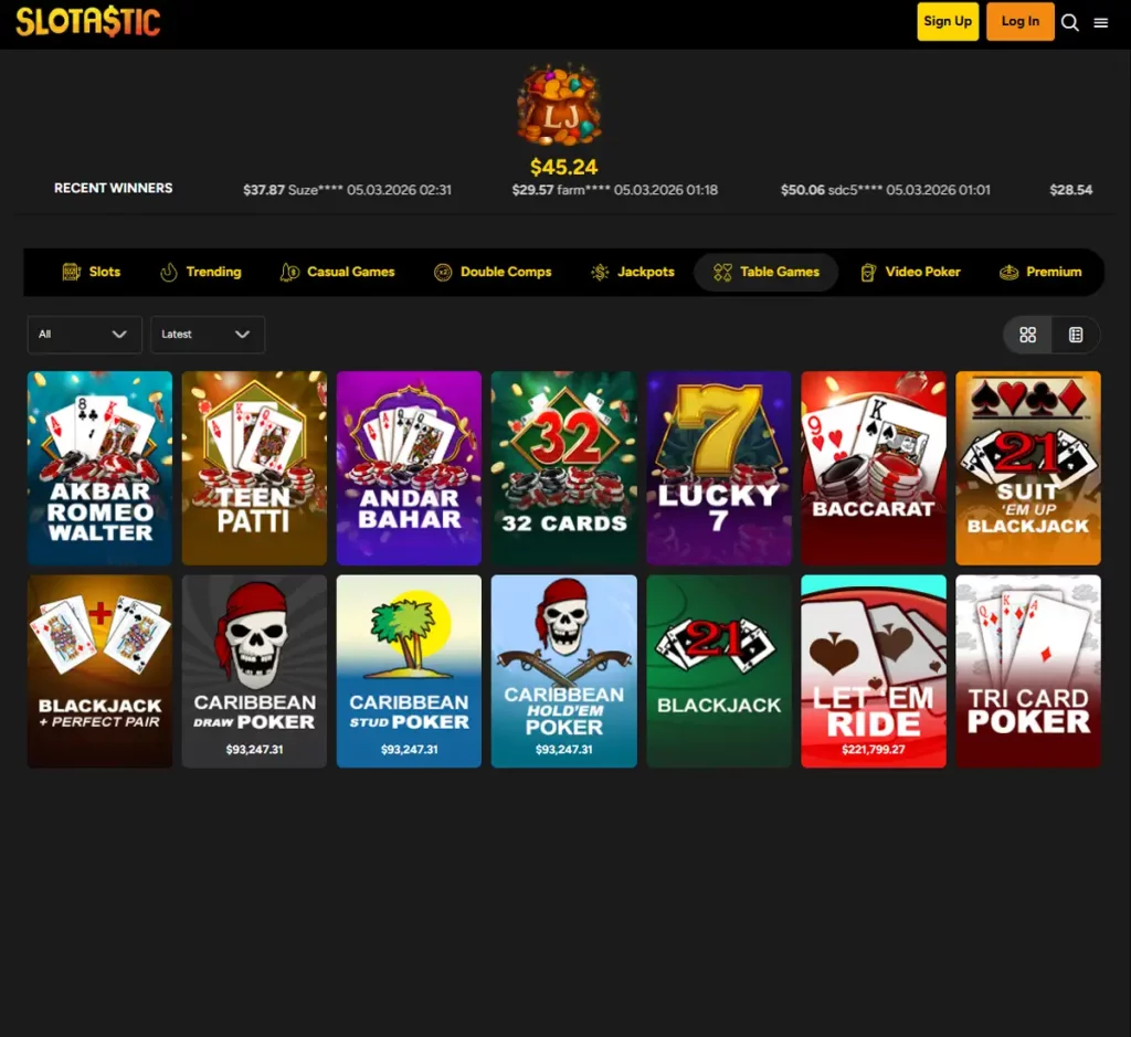 Slotastic Casino desktop table games collection screenshot showing various table games, categories and filtering options - tested