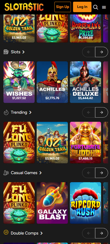 Slotastic Casino mobile home page screenshot displaying main navigation, featured games and mobile-friendly interface - tested