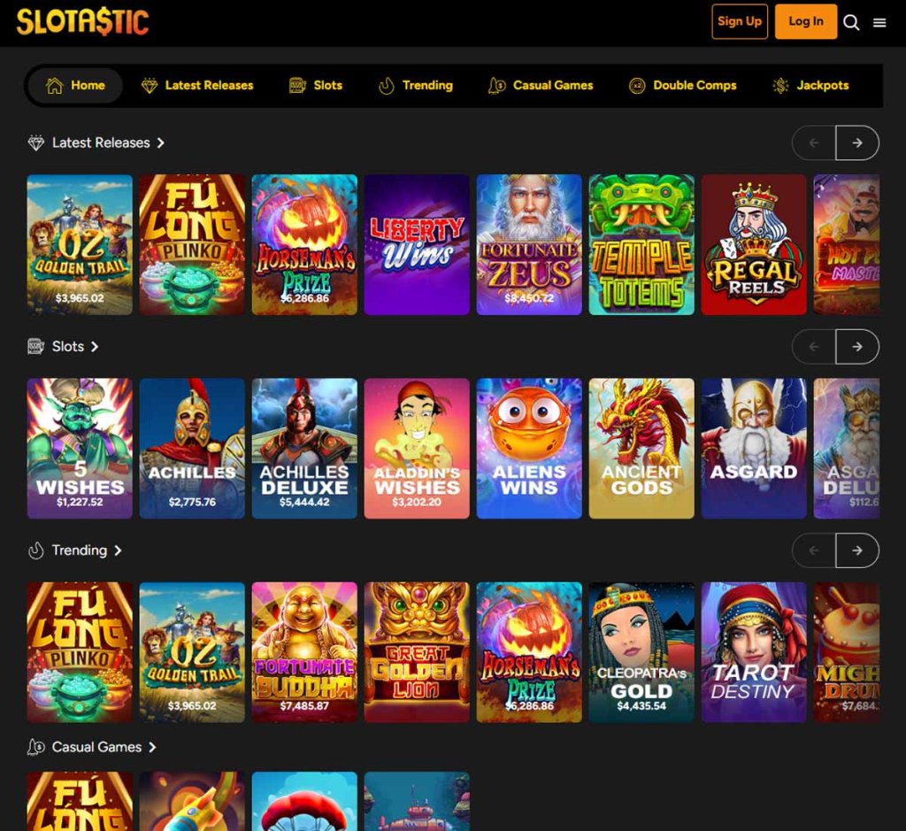 Slotastic Casino desktop home page screenshot showing main navigation, featured games and promotional banners - tested