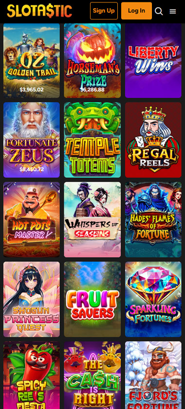 Slotastic Casino mobile slots variety screenshot displaying featured slots, categories and touch-optimized navigation - tested