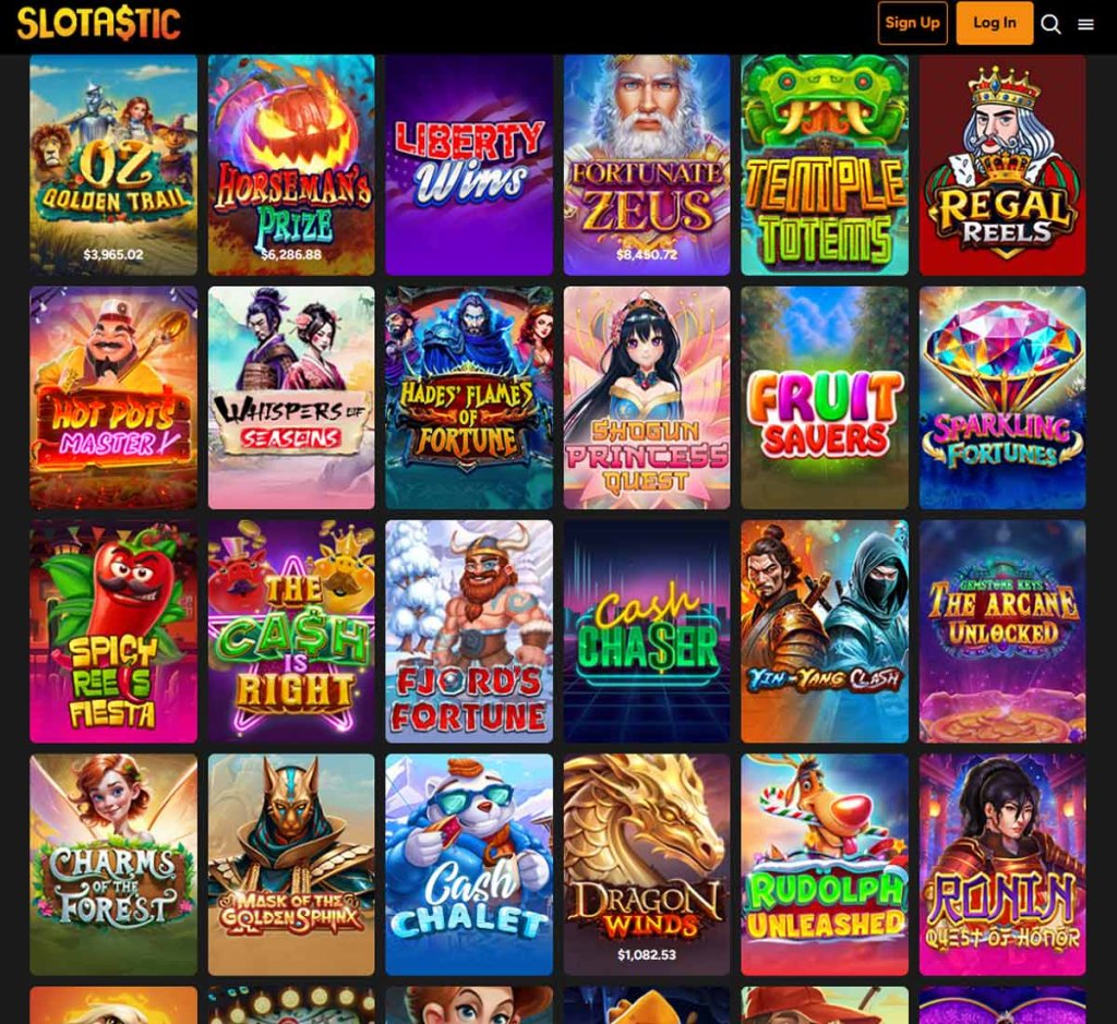 Slotastic Casino desktop slots variety screenshot showing multiple slot categories, featured games and provider filters - tested