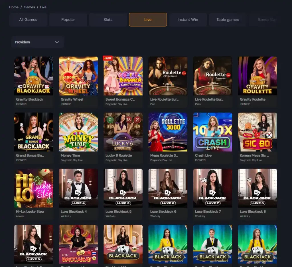 Slotozen Casino desktop live dealer games collection screenshot showing roulette, blackjack and baccarat tables in lobby view with categories and provider filters - tested
